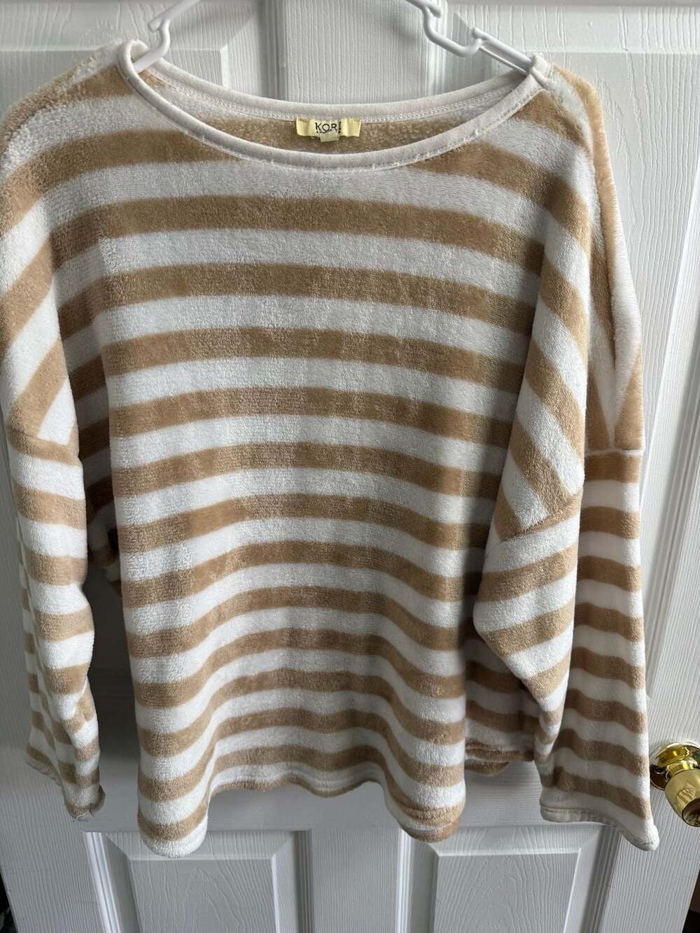 Kori America Tan and White Striped Fuzzy Long Sleeve Pullover Sweater Size M